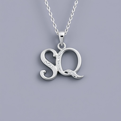 silver necklace with the pendant in conjoined letters SQ with white  stones. Make it cute and simple 