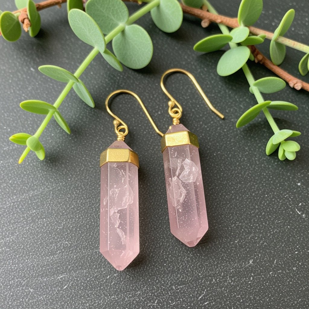 Серьги матовое золото с эффектом неровности Необработанный бледно розовый кварц в виде длинного кристалла