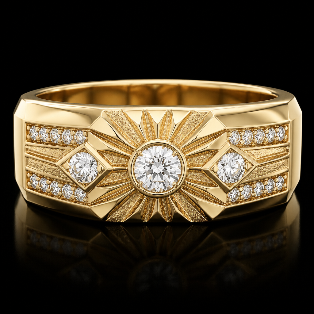 Create a very extremely masculine sunburst wedding band
Design, and 14 karat gold
Center stone will be a 0.50 carat diamond
Two side stones 0.25 carat diamonds
12 0.1 carat diamonds
12 0.05 carat diamonds
photorealistic jewelry design, Create a very extremely masculine sunburst wedding band
Design, and 14 karat gold
Center stone will be a 0.50 carat diamond
Two side stones 0.25 carat diamonds
12 0.1 carat diamonds
12 0.05 carat diamonds , classic style, just the design no text