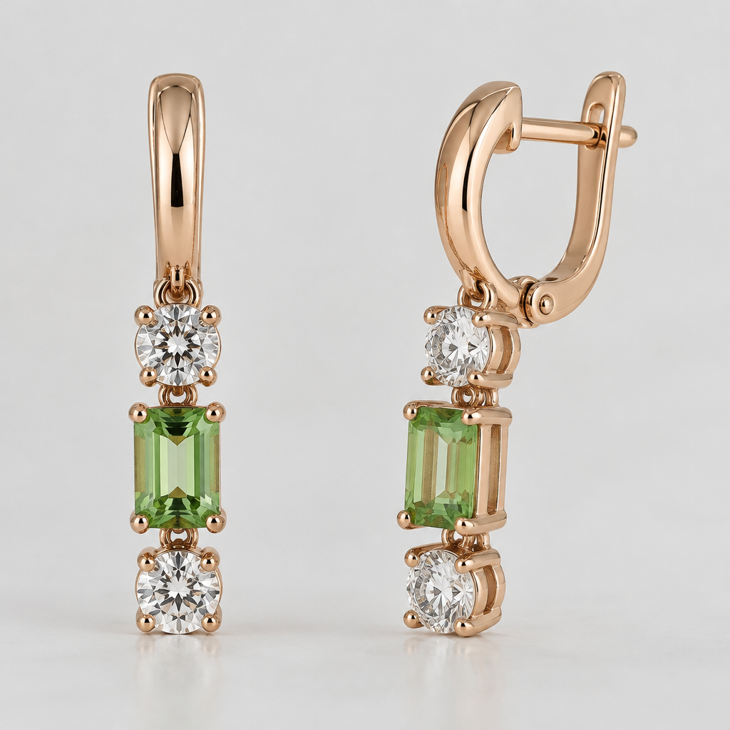 Red gold earring with vertical 2 diamonds 4 mm in diameter per earring and 1 light green rectangular turmaline between the 2 diamond, english clasp
photorealistic jewelry design, Red gold earring with vertical 2 diamonds 4 mm in diameter per earring and 1 light green rectangular turmaline between the 2 diamond, english clasp , just the design no text