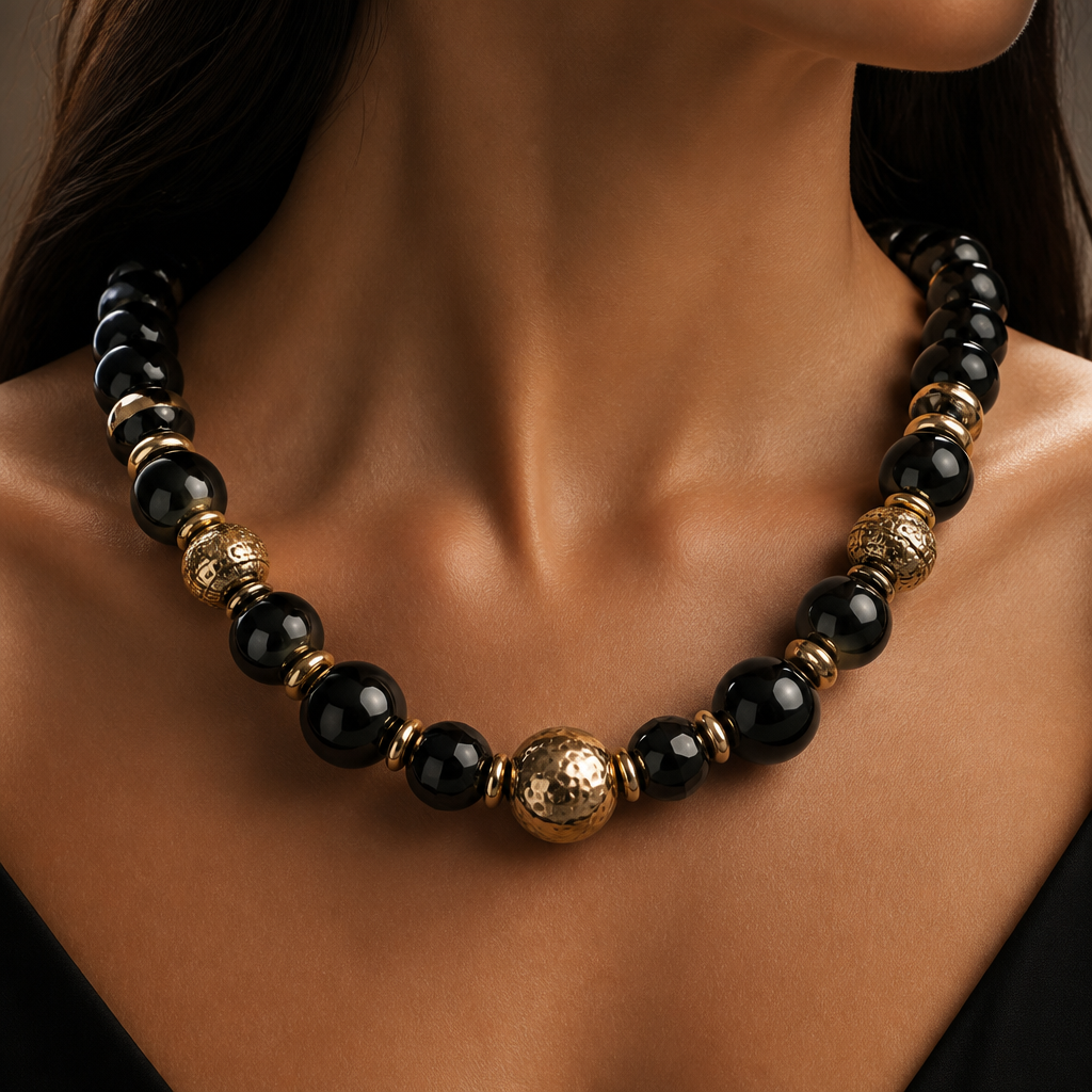 Колье из бус с золотыми вставками
photorealistic jewelry design, Колье из бус с золотыми вставками , statement style, just the design no text