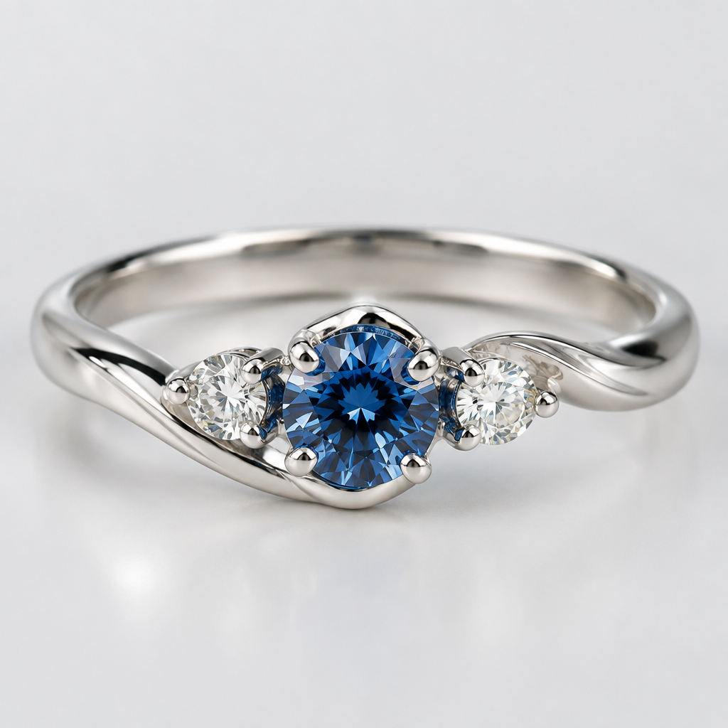 A women's ring. anillo para dama con un diamante azul de 4mm y dos diamantes blancos alos lados de 2mm
photorealistic jewelry design, A women's ring. anillo para dama con un diamante azul de 4mm y dos diamantes blancos alos lados de 2mm, modern style, just the design no text