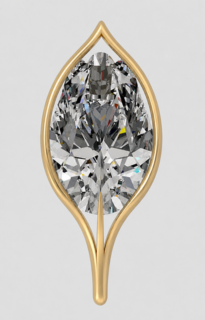 Keep the diamond, the crest, the two side sepals, the center support, and the stem exactly as shown — do not change any of them. Add a bail by extending the same two side sepals upward from where they currently end: continuing in the same gold, same width, curving inward as they rise, and closing into a single small, tight point directly above the crest — the gap between that closing point and the crest should be no taller than roughly the width of one sepal. This closure is the chain loop, sized for a real chain to pass through. The bail must read as a natural continuation of the existing sepals — one continuous piece of gold from base to loop, not a separate added part. Nothing may touch or cover the crest itself at any point. Warm yellow gold, photorealistic, plain light background, front elevation.
Keep the diamond, the crest, the two side sepals, the center support, and the stem exactly as shown — do not change any of them. Add a bail by extending the same two side sepals upward from where they currently end: continuing in the same gold, same width, curving inward as they rise, and closing into a single small, tight point directly above the crest — the gap between that closing point and the crest should be no taller than roughly the width of one sepal. This closure is the chain loop, sized for a real chain to pass through. The bail must read as a natural continuation of the existing sepals — one continuous piece of gold from base to loop, not a separate added part. Nothing may touch or cover the crest itself at any point. Warm yellow gold, photorealistic, plain light background, front elevation.