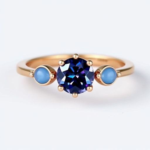 A simple rose gold engagement ring set with a circular alexandrite. Also set with a small half moon blue chalcedony on one side right next to it, and a small half moon moonstone set on the other side right next to it. On the inside of the band, it has an inscription reading, “Tuum. Et in hac vita et in altera.”