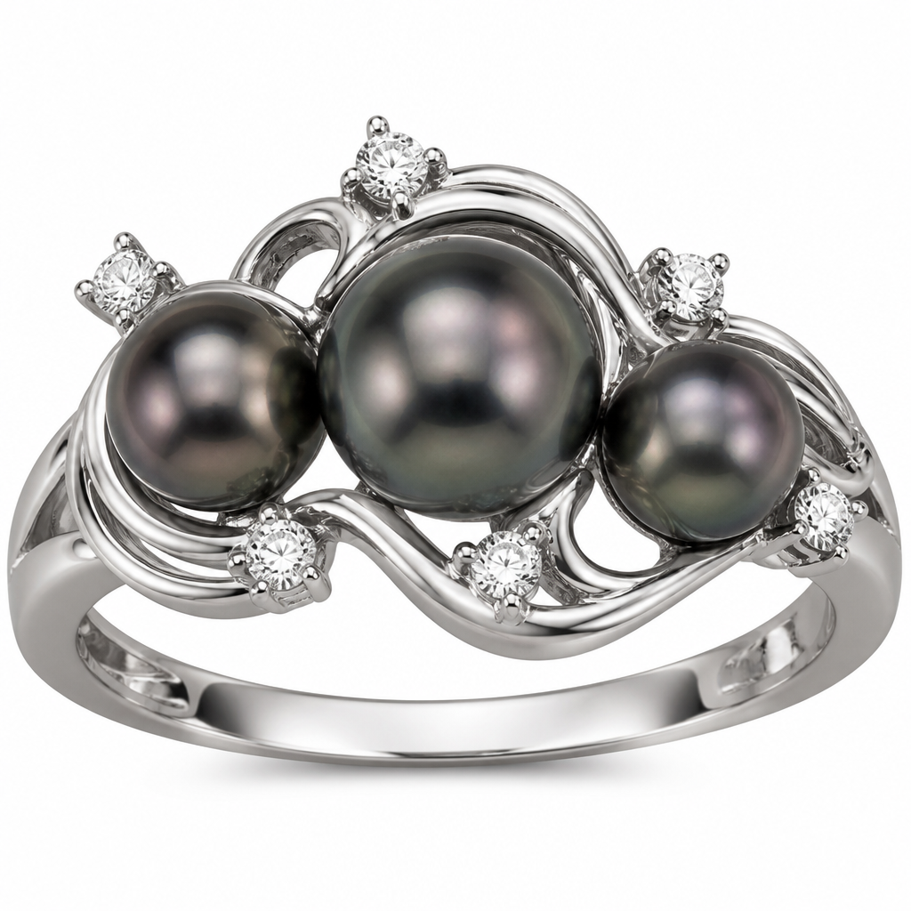 Create a Pearl Ring setting three Tahitian Pearls in the ring the center Tahitian Pearl could be slightly larger than the two side Pearls. The Pearls will be set in a swirl design of 14 karat white gold. Around the swirl setting of the Tahitian Pearls scatter set six brilliant round Diamonds in prong Settings around the swirl set Tahitian Pearls. Ring to be created in solid 14 karat white gold.
photorealistic jewelry design, Create a Pearl Ring setting three Tahitian Pearls in the ring the center Tahitian Pearl could be slightly larger than the two side Pearls. The Pearls will be set in a swirl design of 14 karat white gold. Around the swirl setting of the Tahitian Pearls scatter set six brilliant round Diamonds in prong Settings around the swirl set Tahitian Pearls. Ring to be created in solid 14 karat white gold., just the design no text