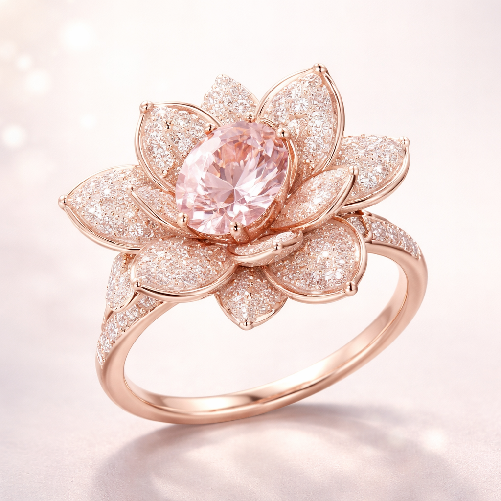 DESIGN CONCEPT: "BLOOM ÉTERNEL" (ETERNAL BLOOM)
DIALY LUXURY
A delicate piece inspired by flowers in their most natural, effortless state-designed for everyday luxury.
Form & Structure
The design takes the shape of a softly blooming flower, not perfectly symmetrical, just like in nature. The petals are slightly curved and layered, giving a sense of movement-as if the flower is gently opening in the morning light.
Touch of Color (Natural Hues)
A blush-toned gemstone (like morganite or pink sapphire, amethyst etc., for softness,
Overall Feel
Lightweight, minimal, and fluid-so it feels like a part of you rather than a statement piece. Designed for daily wear, yet refined enough to feel luxurious.
Design Essence (in one line)
A whisper of nature, blooming in diamonds and soft color-luxury that feels as natural as love itself.