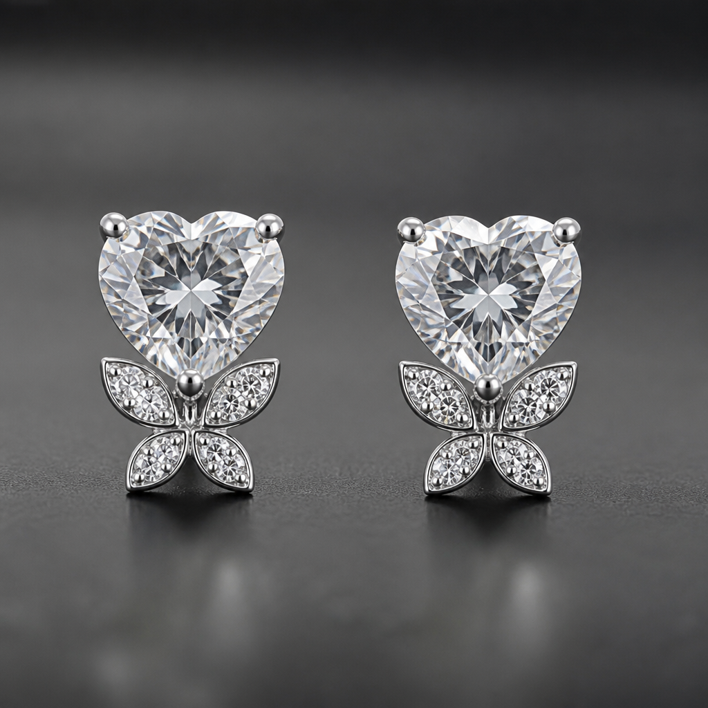 A heart of diamond and little leaves below it earrings
photorealistic jewelry design, A heart of diamond and little leaves below it earrings
, artistic style, just the design no text