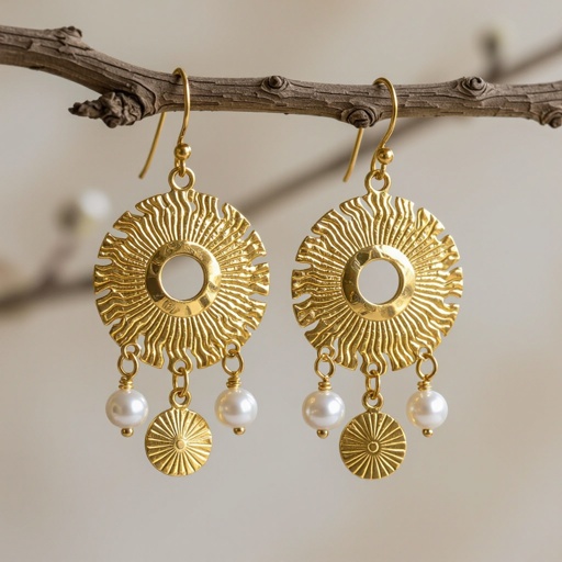 Золотые серьги словно мятое золото в форме солнца с волнистыми лучами, в центре солнца круглая дыра. крепится к застежке серьги. К нижней части солнца крепятся подвески: миниатюрная серебристая луна, очень маленький жемчуг и маленький золотой кружочек с мятым эффектом плоский