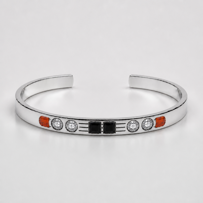 A women's bracelet made of silver. the lines are only between the black stones and clear stones and they are oxidized
using the attached image as a visual reference, create A women's bracelet made of silver. the lines are only between the black stones and clear stones and they are oxidized. photorealistic, just the design no text