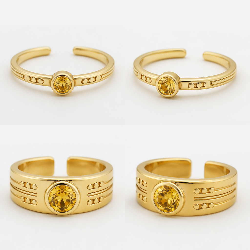 Vedic Astrology ring
Yellow sapphire in yellow gold, open back
Grooves or lines or dots to represent 6
My mom who has passed away
My oldest brother who has passed away
My older brother 2nd in the family
His husband, my bro in law
My son
My future
2 versions of thhe ring thin and thick band
photorealistic jewelry design, Vedic Astrology ring
Yellow sapphire in yellow gold, open back
Grooves or lines or dots to represent 6
My mom who has passed away
My oldest brother who has passed away
My older brother 2nd in the family
His husband, my bro in law
My son
My future
2 versions of thhe ring thin and thick band, just the design no text