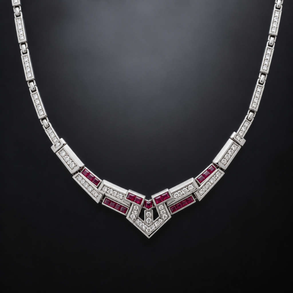 A geometric men's necklace made of white gold with diamond and ruby stones
photorealistic jewelry design, A geometric men's necklace made of white gold with diamond and ruby stones, geometric style, just the design no text