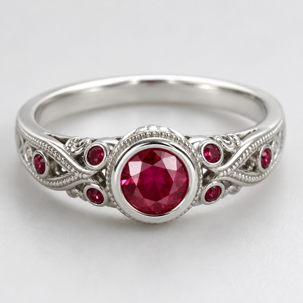 A bezel-set women's ring made of silver with ruby stones suitable for engagement, detailed and decorative, moderately ornate
photorealistic jewelry design, A bezel-set women's ring made of silver with ruby stones suitable for engagement, detailed and decorative, moderately ornate, bezel_set style, just the design no text