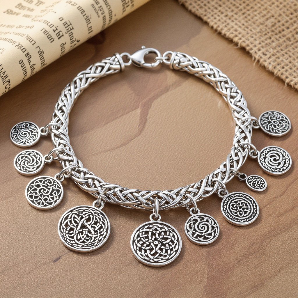 A Celtic silver chain bracelet with Celtic charm symbols