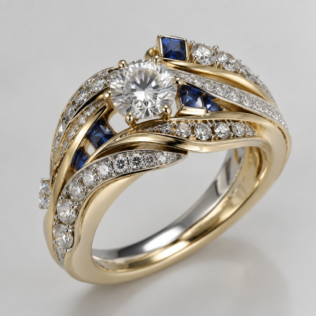 A contemporary women's ring made of mixed metal with diamond stones. 33 diamonds ranging in size, but no larger than .25 of a carat. add one .5 carat solitaire diamond and 7 sapphire chips.
photorealistic jewelry design, A contemporary women's ring made of mixed metal with diamond stones. 33 diamonds ranging in size, but no larger than .25 of a carat. add one .5 carat solitaire diamond and 7 sapphire chips., contemporary style, just the design no text