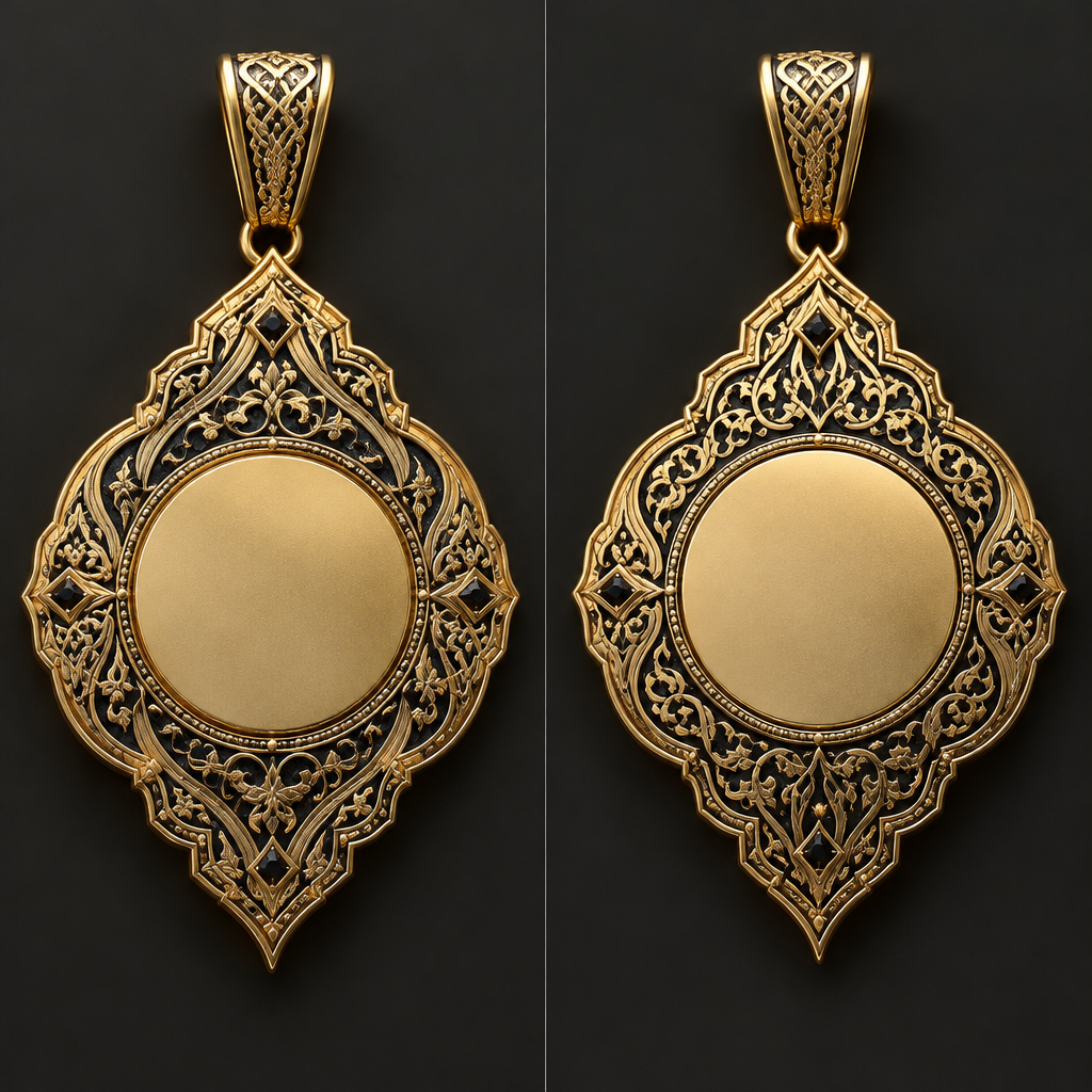 A men's pendant, highly ornate, intricate and elaborate, richly detailed. Islamic style pendent. double sided. mid should be solid to write on it,
photorealistic jewelry design, A men's pendant, highly ornate, intricate and elaborate, richly detailed. Islamic style pendent. double sided. mid should be solid to write on it,, modern style, just the design no text
