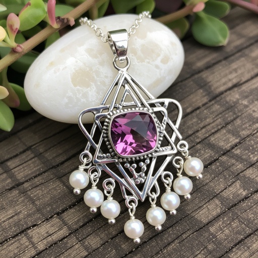 A Merkabah symbol with pink quartz and pearls