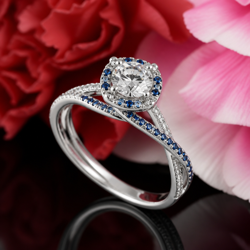 A women's ring made of white gold with diamond and sapphire stones. very small sapphires, one center diamond, and small diamonds along the banding
using the attached image as a visual reference, create A women's ring made of white gold with diamond and sapphire stones. very small sapphires, one center diamond, and small diamonds along the banding. photorealistic, just the design no text
