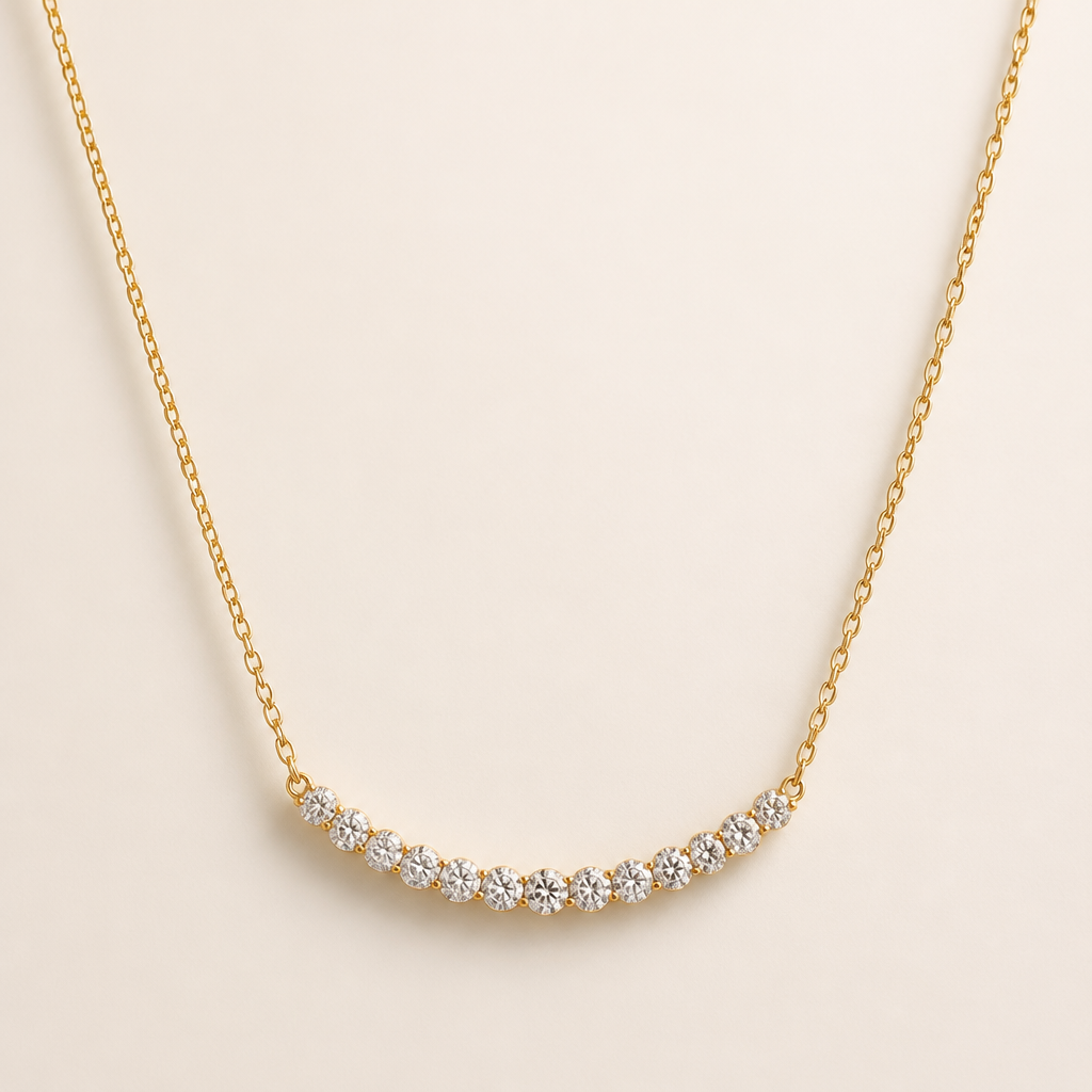 A minimalist women's necklace made of gold with diamond stones suitable for wedding
photorealistic jewelry design, A minimalist women's necklace made of gold with diamond stones suitable for wedding, minimalist style, just the design no text