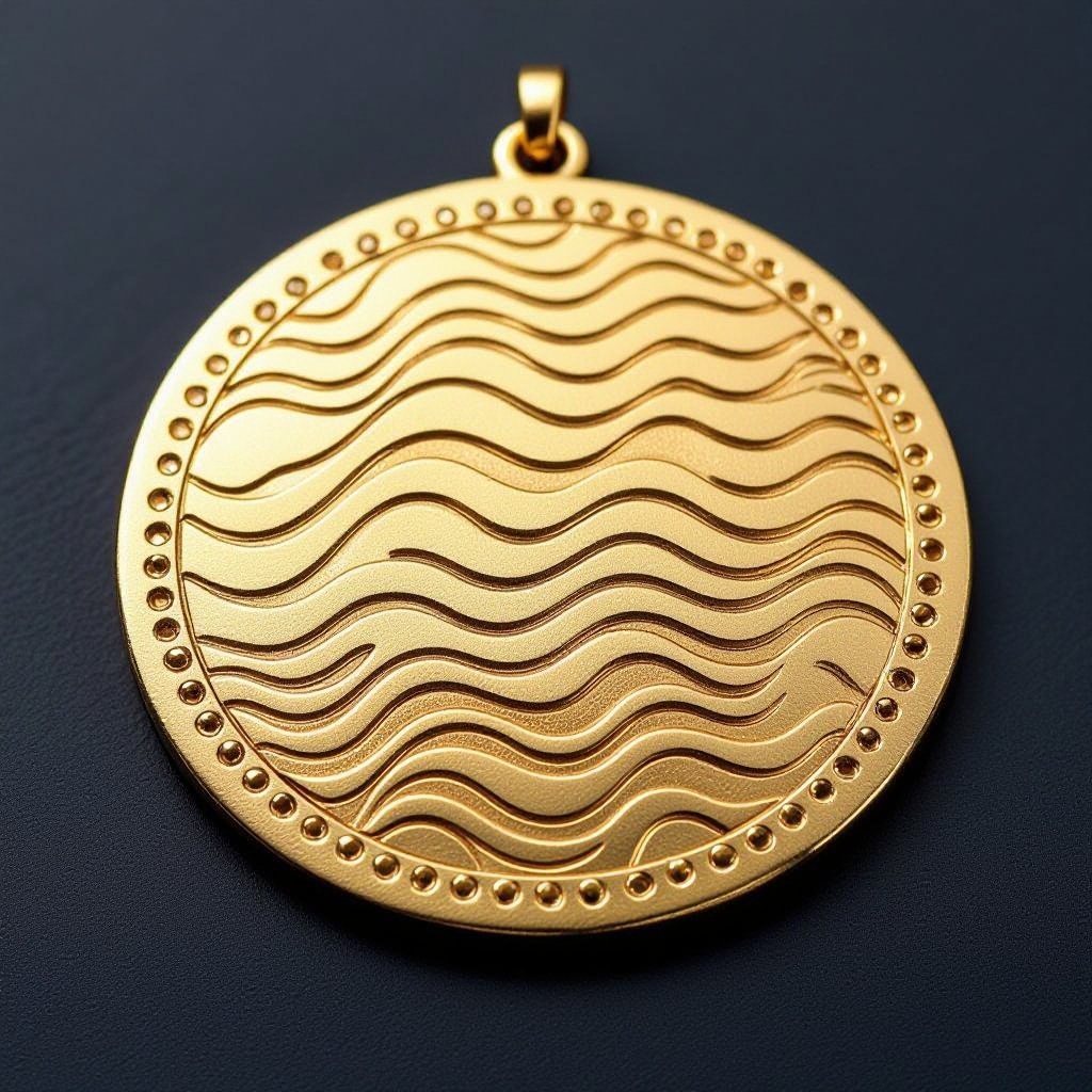 Золотой матовый медальон в форме неровного круга с неровными краями. По краям выпуклые точки сплошной линией. На круге разные волнистые узоры 