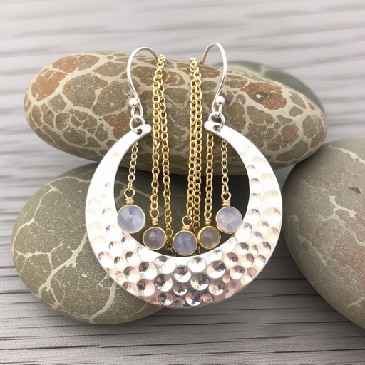 Серебряные серьги словно мятое серебро в форме полумесяца. Верхушка полумесяца крепится к застежке серьги.  От полумесяца идет три цепочки золотого цвета, у каждой на конце мелкий камушек лунный камень