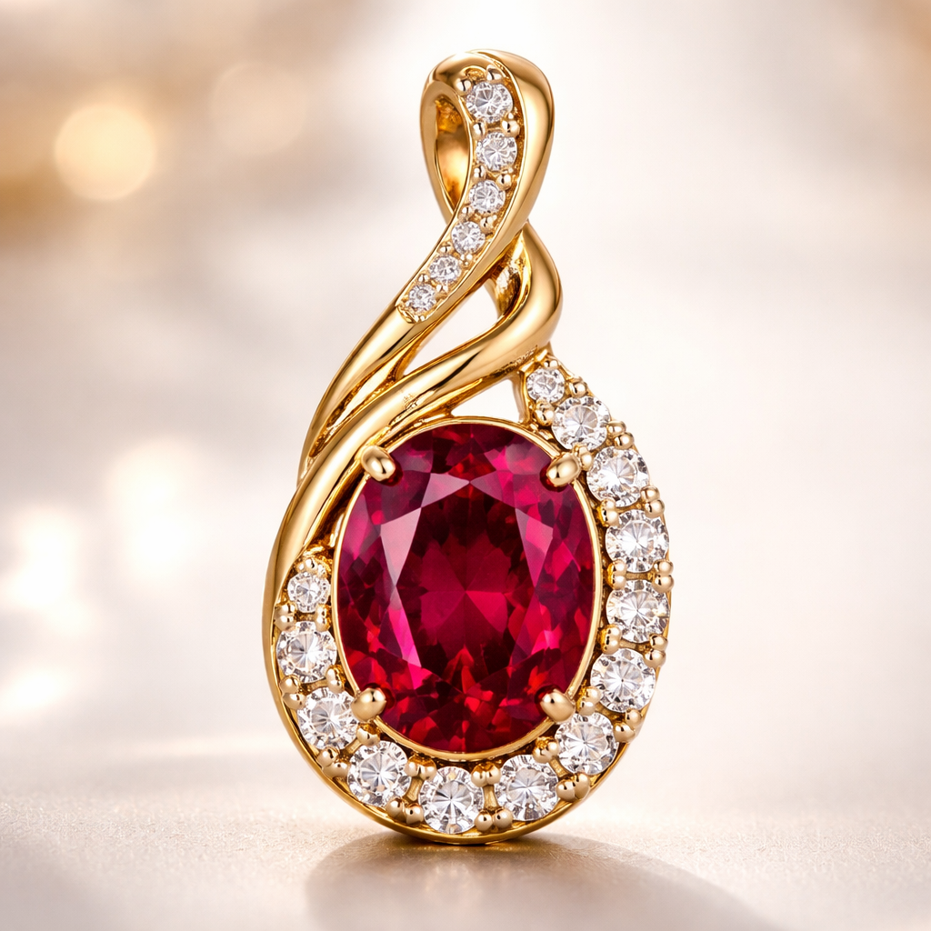A women's pendant made of gold with ruby and diamond stones
A women's pendant made of gold with ruby and diamond stones, modern style