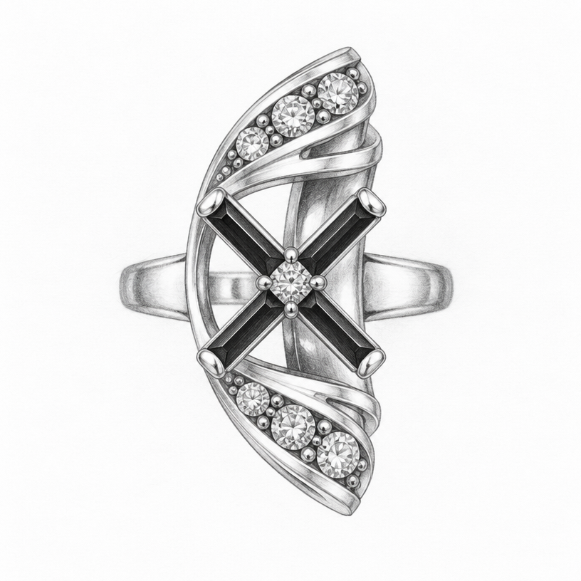 A women's ring, detailed and decorative, moderately ornate. a want a black and white sketch top view
using the attached image as a visual reference, create A women's ring, detailed and decorative, moderately ornate. a want a black and white sketch top view. photorealistic, just the design no text