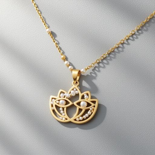 Кулон на длинной цепочке. Матовое светлое золото. В цепочке небольшие золотые шарики и жемчуг. Кулон в виде двух глаз над ними лотос узоры завитушки 