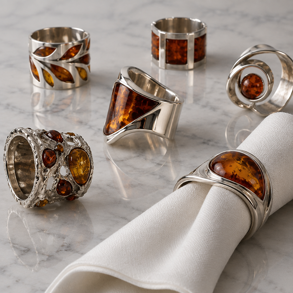 Serveteliu ziedai restoranui gulintys ir stovintys, is sidabro ir gintaro, ivairiausiu formu, keleta variantu
photorealistic jewelry design, Serveteliu ziedai restoranui gulintys ir stovintys, is sidabro ir gintaro, ivairiausiu formu, keleta variantu, just the design no text