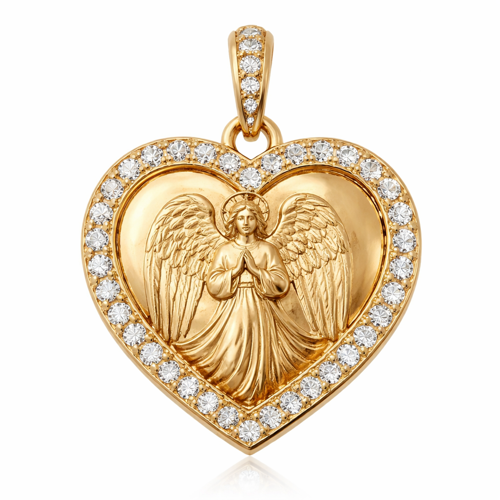 Gold heart pendant with guardian angel on surface and Pavé diamond border around heart, gold bale
Gold heart pendant with guardian angel on surface and Pavé diamond border around heart, gold bale, bespoke style