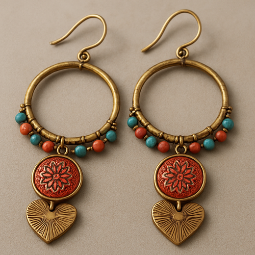 "Create a highly realistic 3D render of a pair of Bohemian Hoop Earrings with an Antique Gold finish and small Coral Red and Turquoise blue beads. The earrings feature three layered charms: 1. A Round Red Enamel Disc with a deeply engraved floral pattern. 2. A Layered Heart Charm with a radial sunburst texture. Close-up jewelry shot, studio lighting."