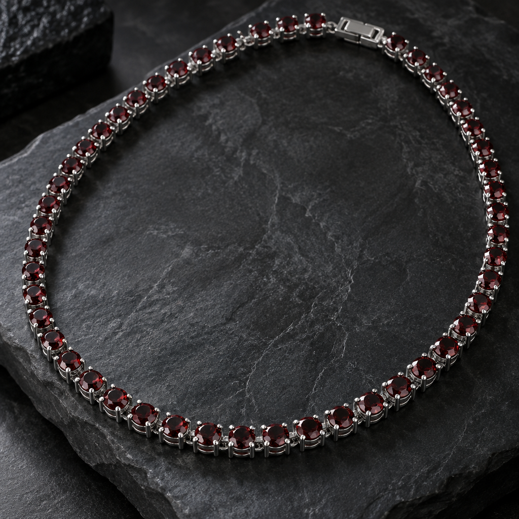 A tennis men's necklace made of silver with garnet stones suitable for gift. eine detaillierte Halskette
photorealistic jewelry design, A tennis men's necklace made of silver with garnet stones suitable for gift. eine detaillierte Halskette, tennis style, just the design no text