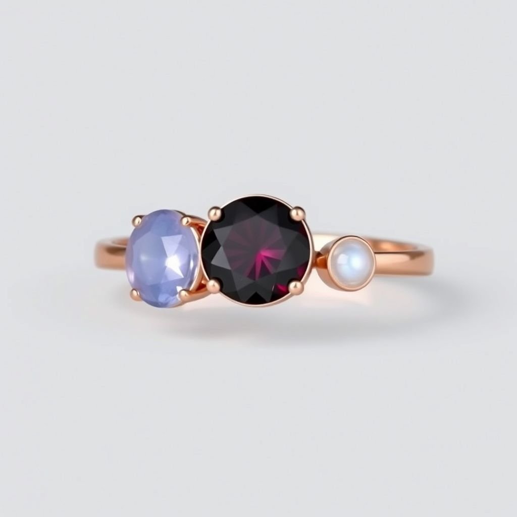 A simple rose gold engagement ring set with a circular alexandrite. Also set with a small half circle blue chalcedony on one side right next to it, and a small half circle moonstone set on the other side right next to it. On the inside of the band, it has an inscription reading, “Tuum. Et in hac vita et in altera.”