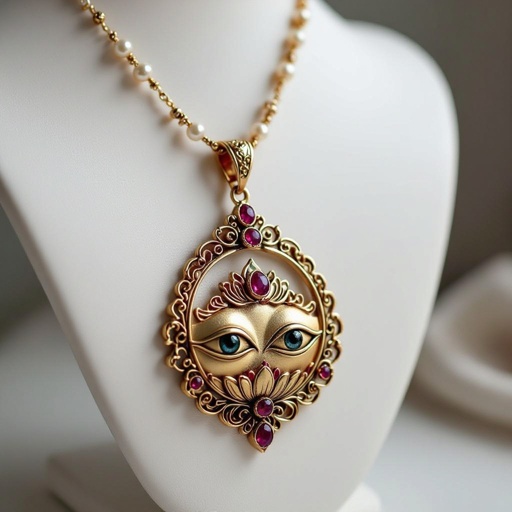 Кулон на длинной цепочке. Матовое светлое золото. В цепочке небольшие золотые шарики и жемчуг. Кулон в виде двух глаз над ними лотос с маленьким красным камнем внутри узоры завитушки 
