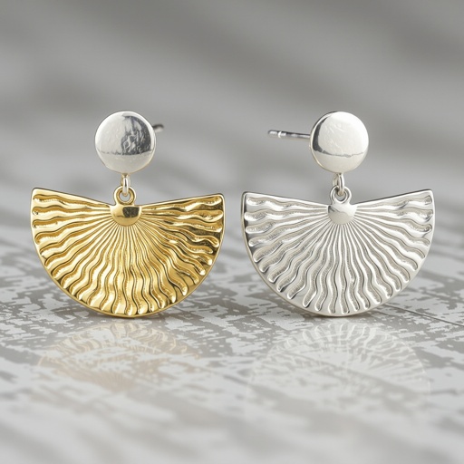 Золотые серьги полукруг половинка горящего солнца мятое неровное золото лучи волнистые другая половинка круга серебряная 