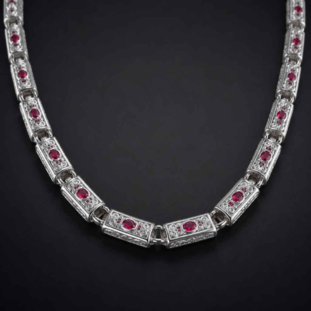 A chain men's necklace made of white gold with ruby stones, detailed and decorative, moderately ornate. Цепь с надписью INSY
photorealistic jewelry design, A chain men's necklace made of white gold with ruby stones, detailed and decorative, moderately ornate. Цепь с надписью INSY, chain style, just the design no text