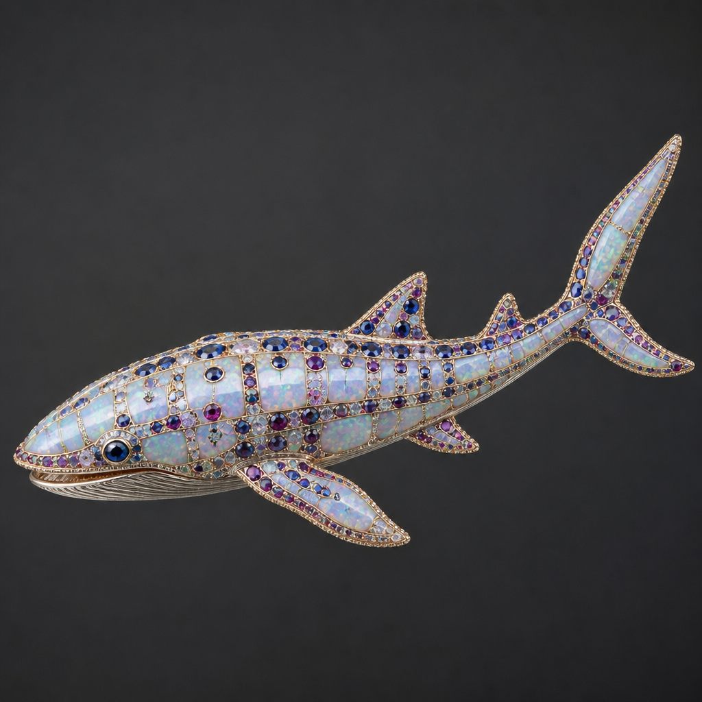 Opal ruby sapphire whale shark
photorealistic jewelry design, Opal ruby sapphire whale shark , nature_inspired style, just the design no text