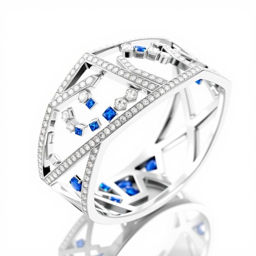 Geomatric architecture shape of white bangle white diamonds and blue sapphire of white vibes