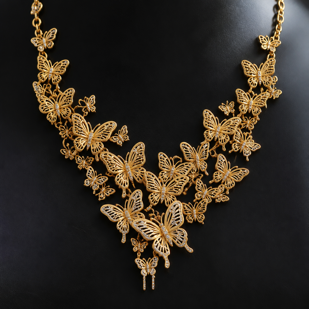 Design a breathtaking 22K gold necklace featuring dozens of intricately crafted butterflies appearing to flutter across the neckline. The butterflies should vary in size and have delicate openwork wings with tiny diamond accents. The necklace should feel dreamy, feminine, and magical, like wearable art. Luxury jewelry photography, photorealistic gold texture, 4K rendering
photorealistic jewelry design, Design a breathtaking 22K gold necklace featuring dozens of intricately crafted butterflies appearing to flutter across the neckline. The butterflies should vary in size and have delicate openwork wings with tiny diamond accents. The necklace should feel dreamy, feminine, and magical, like wearable art. Luxury jewelry photography, photorealistic gold texture, 4K rendering , byzantine style, just the design no text