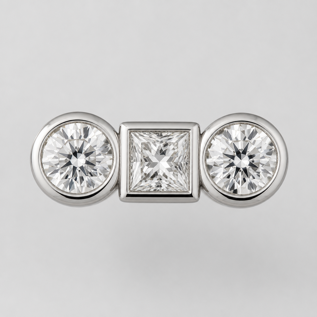 Two round and one princess cut diamonds bezel set
photorealistic jewelry design, Two round and one princess cut diamonds bezel set
, minimalist style, just the design no text