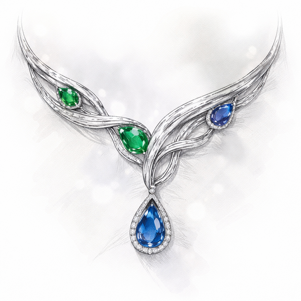 The necklace background change with a shallow depth of field that subtly white the background. Sem to sem image sketch whith manul not manual rendering only sketch and colour stone