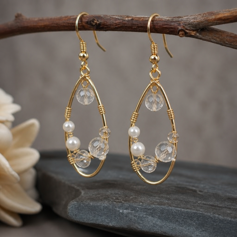 A artistic women's earrings suitable for daily wear. simple bead, crystal bead and wire earrings
using the attached image as a visual reference, create A artistic women's earrings suitable for daily wear. simple bead, crystal bead and wire earrings. photorealistic, just the design no text