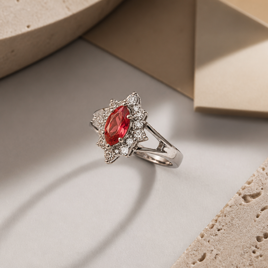 A women's ring. оставить в точности как на фото, только сделать камень красный чуть светлее и прозрачнее и поменять фон фото, расположение украшений. Сам дизайн украшений, кроме цвета камня, не менять.
photorealistic jewelry design, A women's ring. оставить в точности как на фото, только сделать камень красный чуть светлее и прозрачнее и поменять фон фото, расположение украшений. Сам дизайн украшений, кроме цвета камня, не менять., modern style, just the design no text