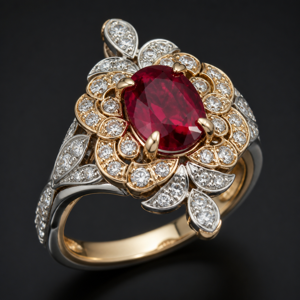A luxury women's ring made of mixed metal with diamond and ruby stones suitable for birthday, detailed and decorative, moderately ornate
photorealistic jewelry design, A luxury women's ring made of mixed metal with diamond and ruby stones suitable for birthday, detailed and decorative, moderately ornate, luxury style, just the design no text