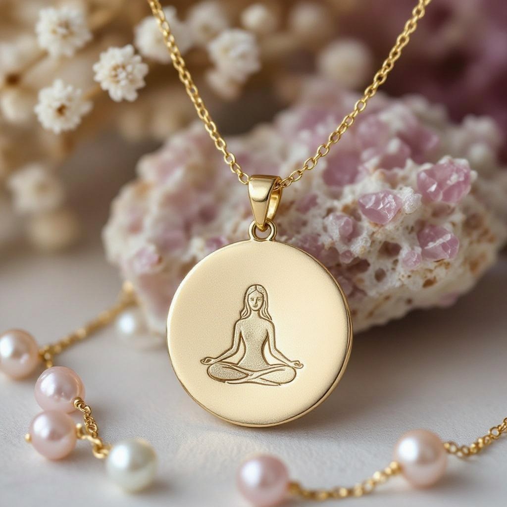 Кулон на длинной цепочке. Матовое светлое золото. В цепочке небольшие камушки розового необработанного кварца и жемчуга. Кулон в форме неровного мятого круга. На круге изображен силуэт девушки в позе лотоса нечетко