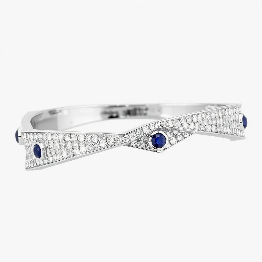 Geomatric architecture shape of white bangle white diamonds and blue sapphire of white vibes