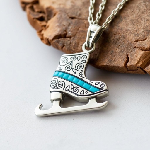 Silver Pendant shape one ice skate with turquoise stripe inside the low thin part blade
