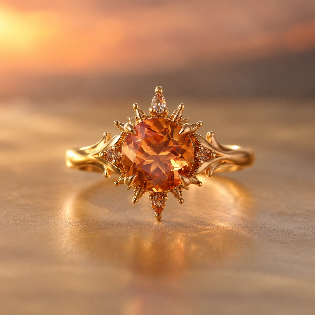 I want an engagement ring, gold band, i havent decided on setting, but i want the stone and its setting to reference the sun, so warm colours, she likes sunset colours. it should be soft to look at
photorealistic jewelry design, I want an engagement ring, gold band, i havent decided on setting, but i want the stone and its setting to reference the sun, so warm colours, she likes sunset colours. it should be soft to look at, just the design no text