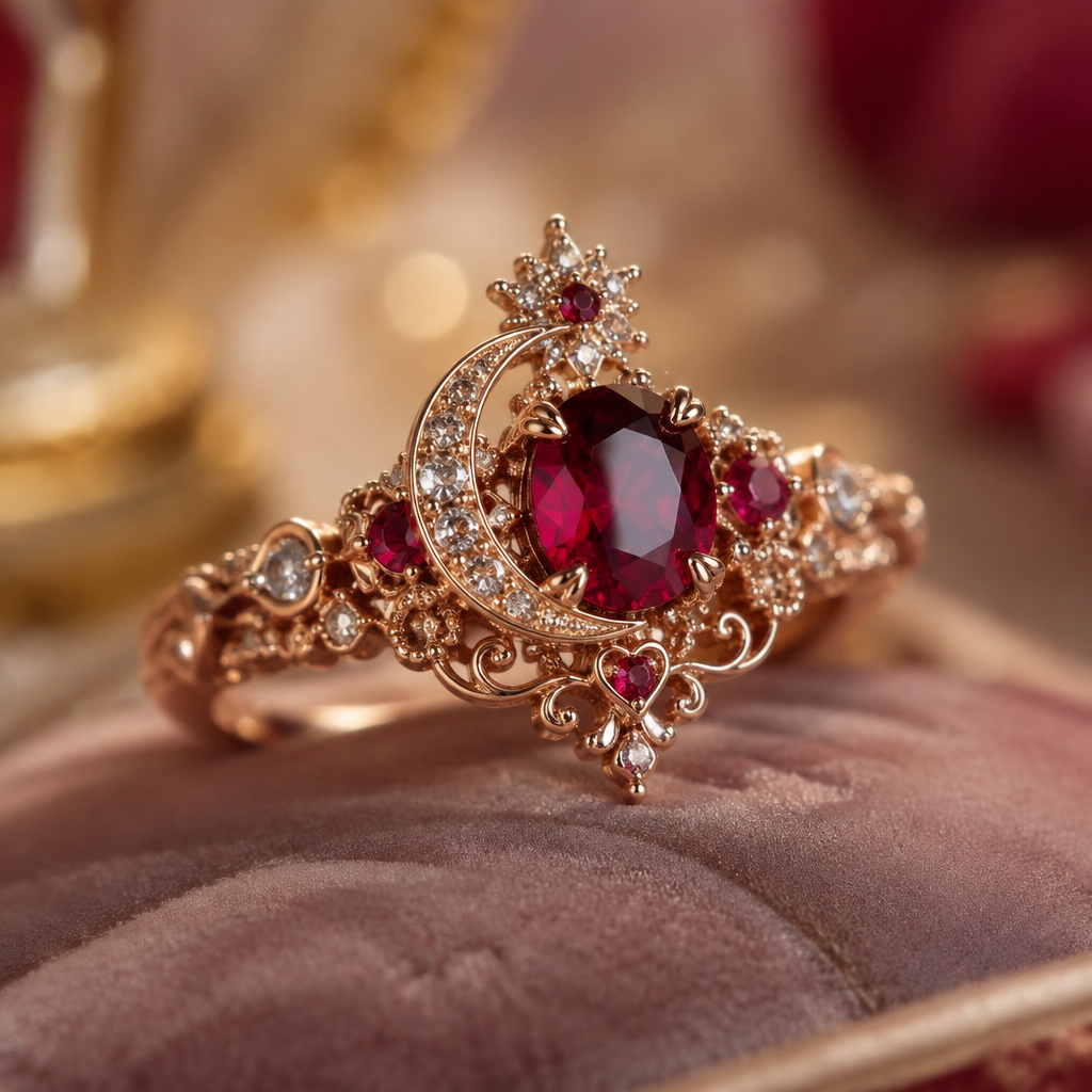 A victorian women's ring made of rose gold with ruby stones suitable for birthday, highly ornate, intricate and elaborate, richly detailed. a delicate rose gold ring with celestrial model like moon and in the metal in very small size written tiara with heart symbol and shining most likely to be a princess
photorealistic jewelry design, A victorian women's ring made of rose gold with ruby stones suitable for birthday, highly ornate, intricate and elaborate, richly detailed. a delicate rose gold ring with celestrial model like moon and in the metal in very small size written tiara with heart symbol and shining most likely to be a princess, victorian style, just the design no text