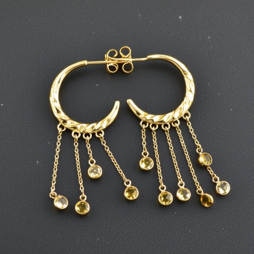 Золотые серьги словно мятое золото в форме узкого изящного полумесяца. Верхушка полумесяца крепится к застежке серьги.  От полумесяца идет три цепочки, у каждой на конце мелкий камушек цитрин