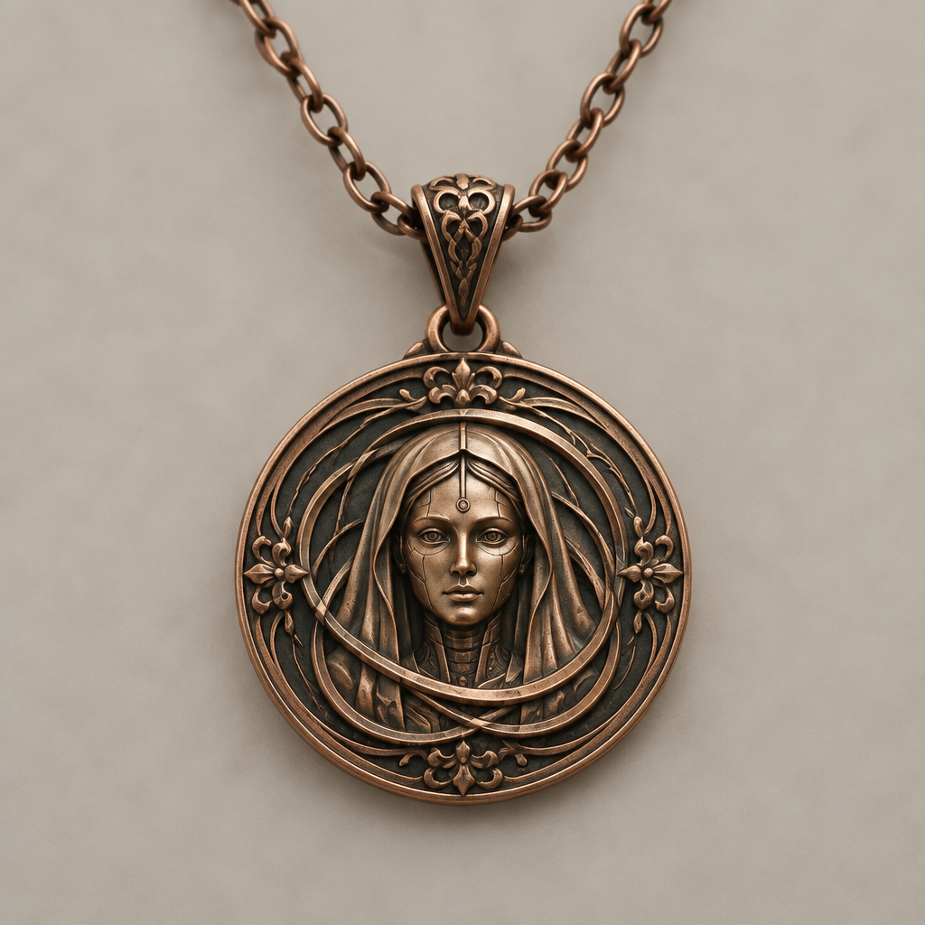A victorian women's necklace made of copper suitable for daily wear. a spiral around a android woman with vail facing foward on a coin style
photorealistic jewelry design, A victorian women's necklace made of copper suitable for daily wear. a spiral around a android woman with vail facing foward on a coin style, victorian style, just the design no text